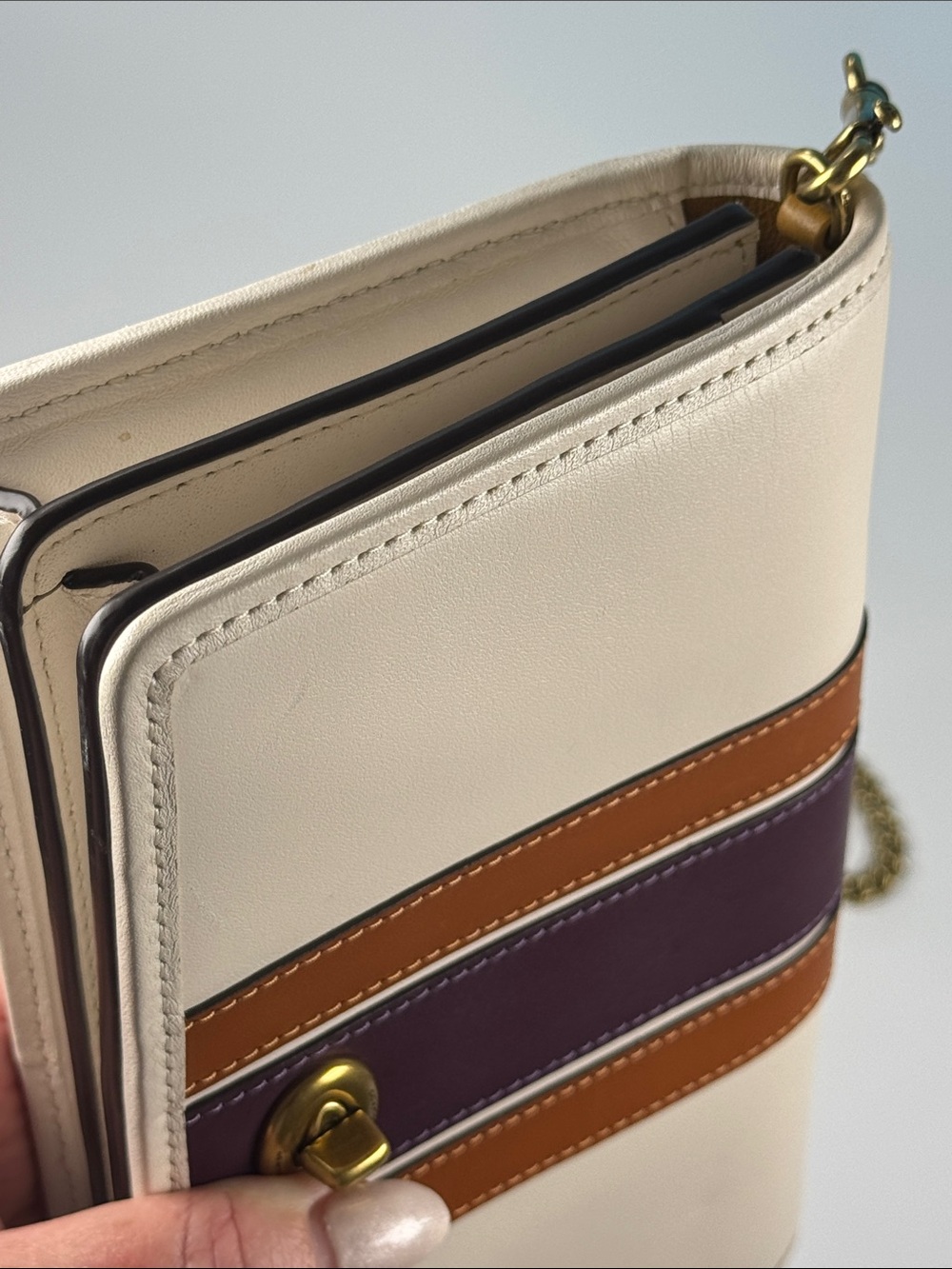 Coach Callie Foldover Chain Clutch Cream With Plum Varsity Stripe - Picture 8 of 15